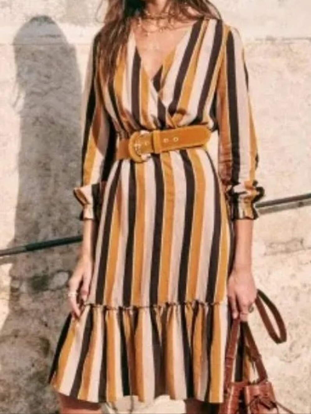 Sezane Titiane Midi Dress In Hazel Tan Stripe Lurex - Size FR 34 (US 2)